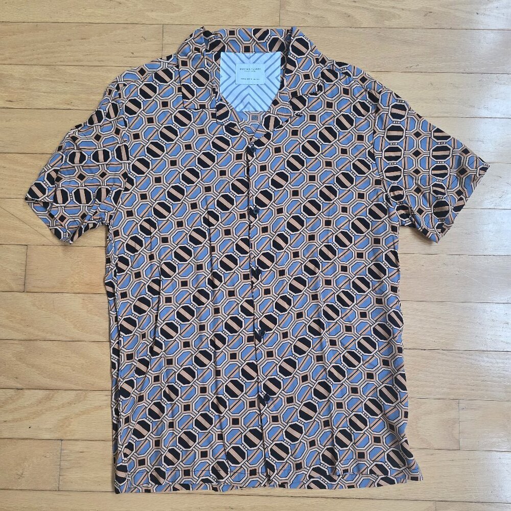 Denim & Flower | maximalist tan geometric print fitted button-up shirt | MENS M